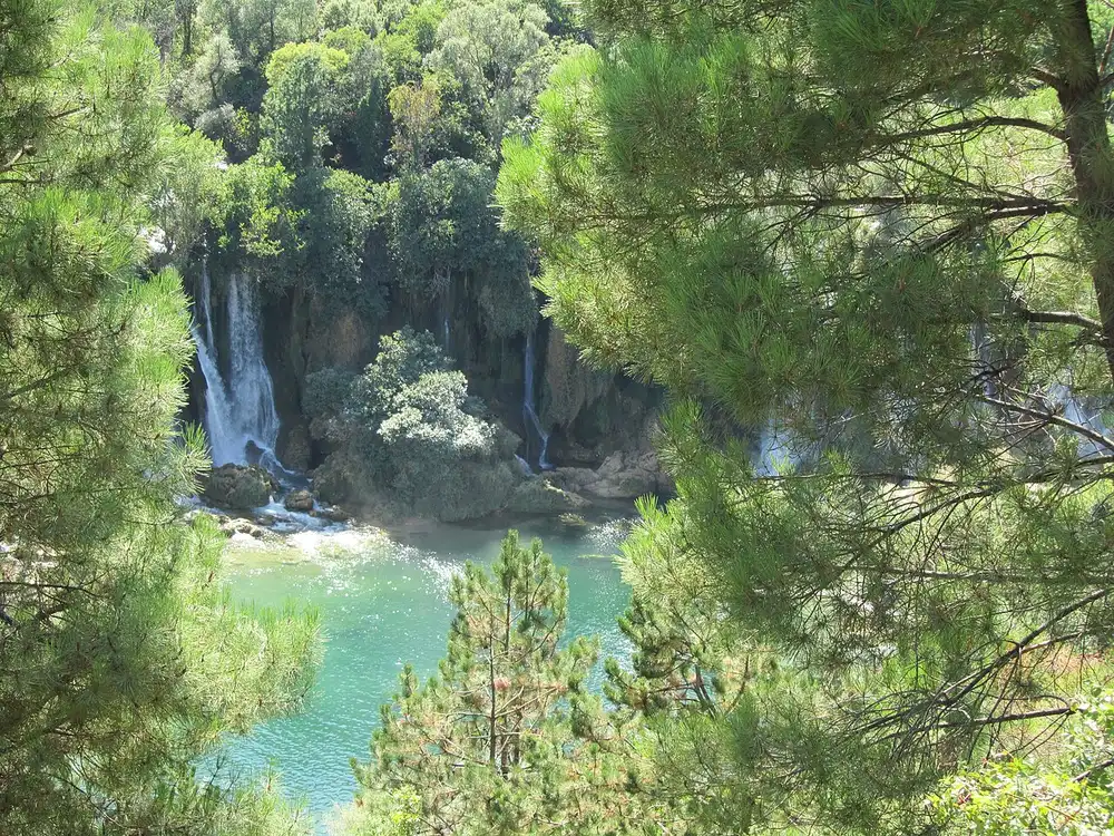The Kravice waterfalls seen through a frame of pine trees, cascades pouring over a green ledge into a turquoise pool