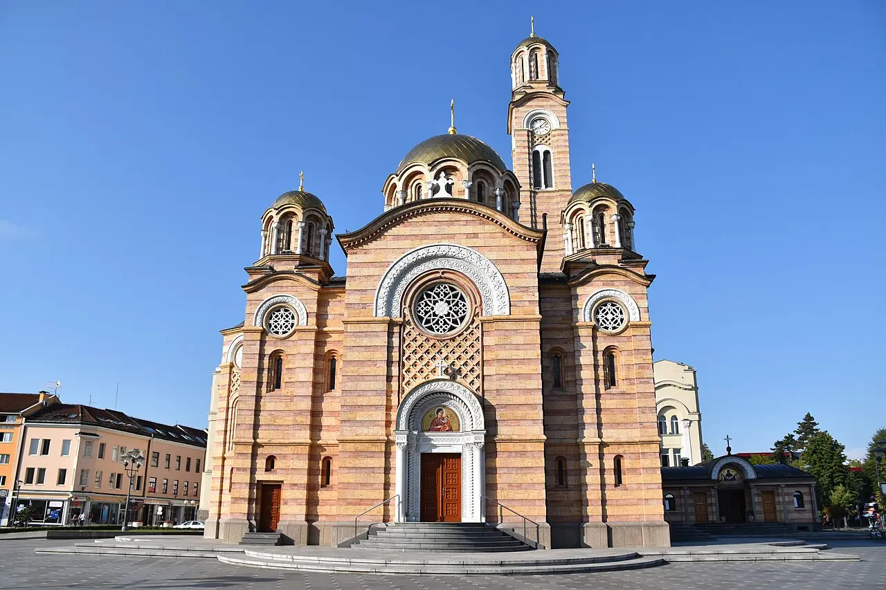 The ochre stone Cathedral of Christ the Saviour in Banja Luka with its tall bell tower