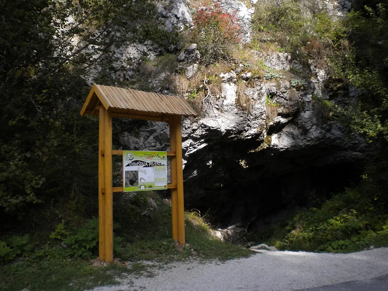 The gated mouth of Dimšina Cave among mossy rocks and spruce trees in the Bijambare forest