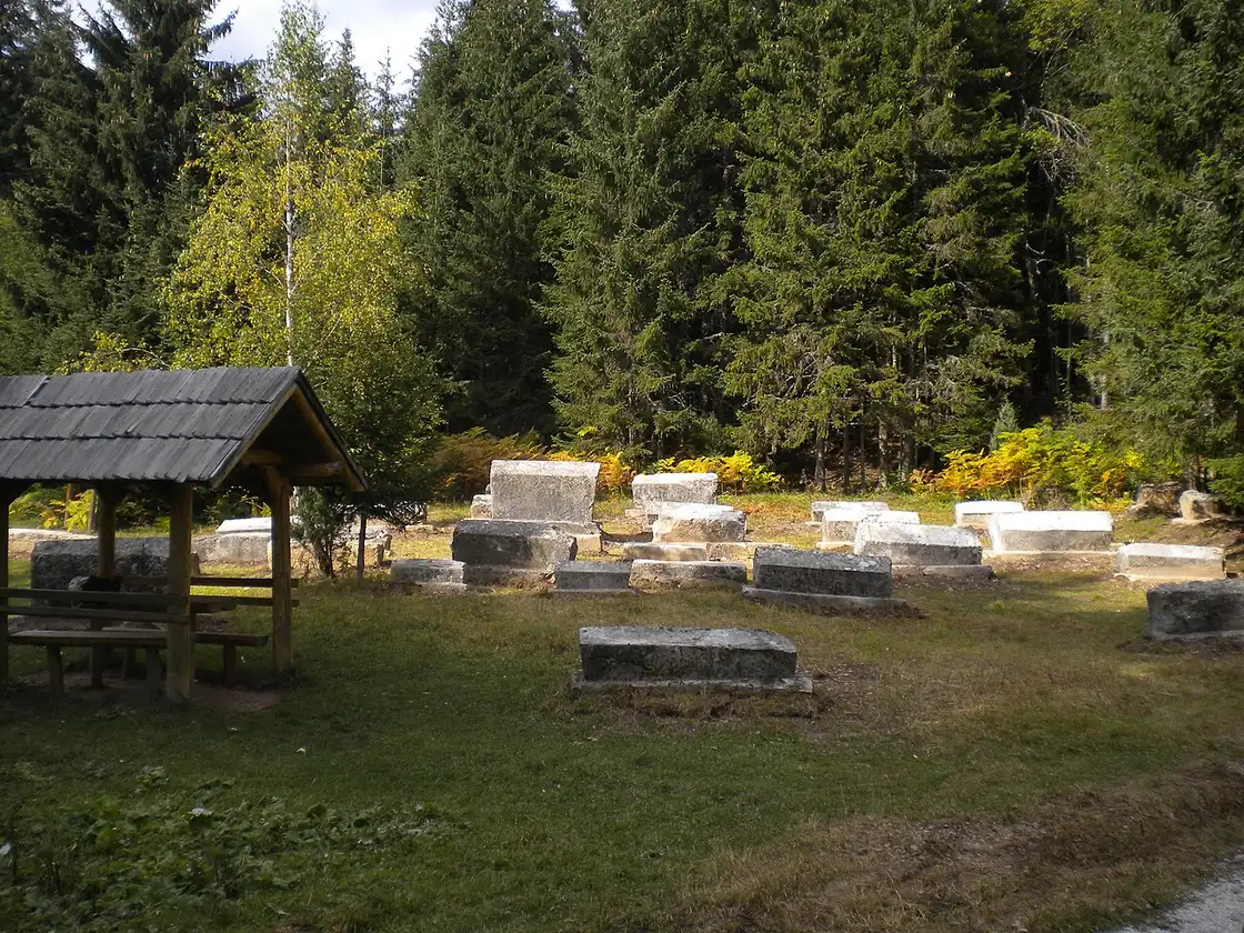 Medieval stećci tombstones standing in grass at the Mramorje necropolis in the Bijambare protected landscape