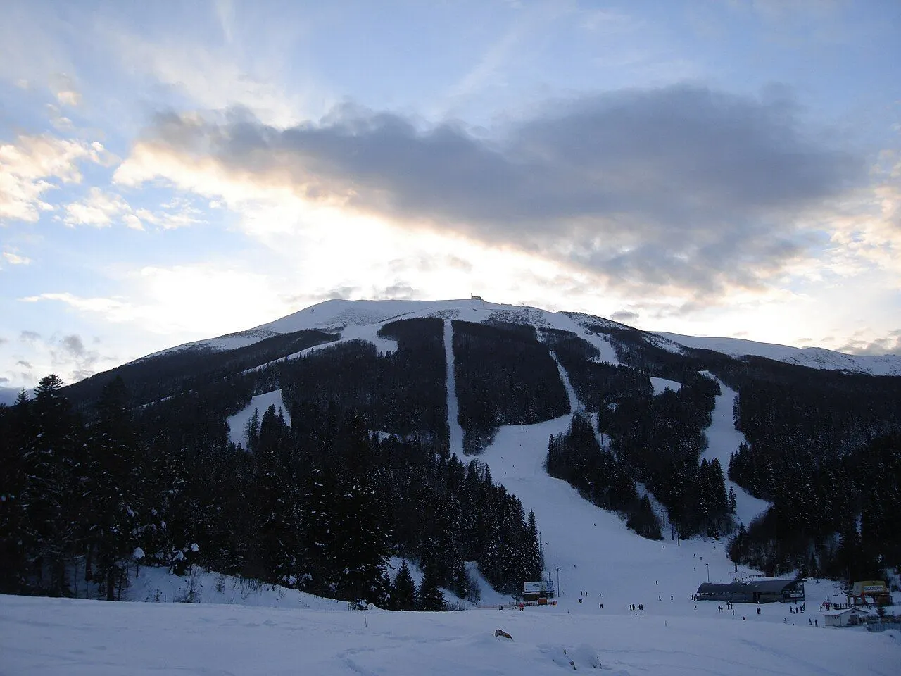 Marked ski runs cutting down the dark, tree-lined face of Bjelašnica under a dusk sky with cloud