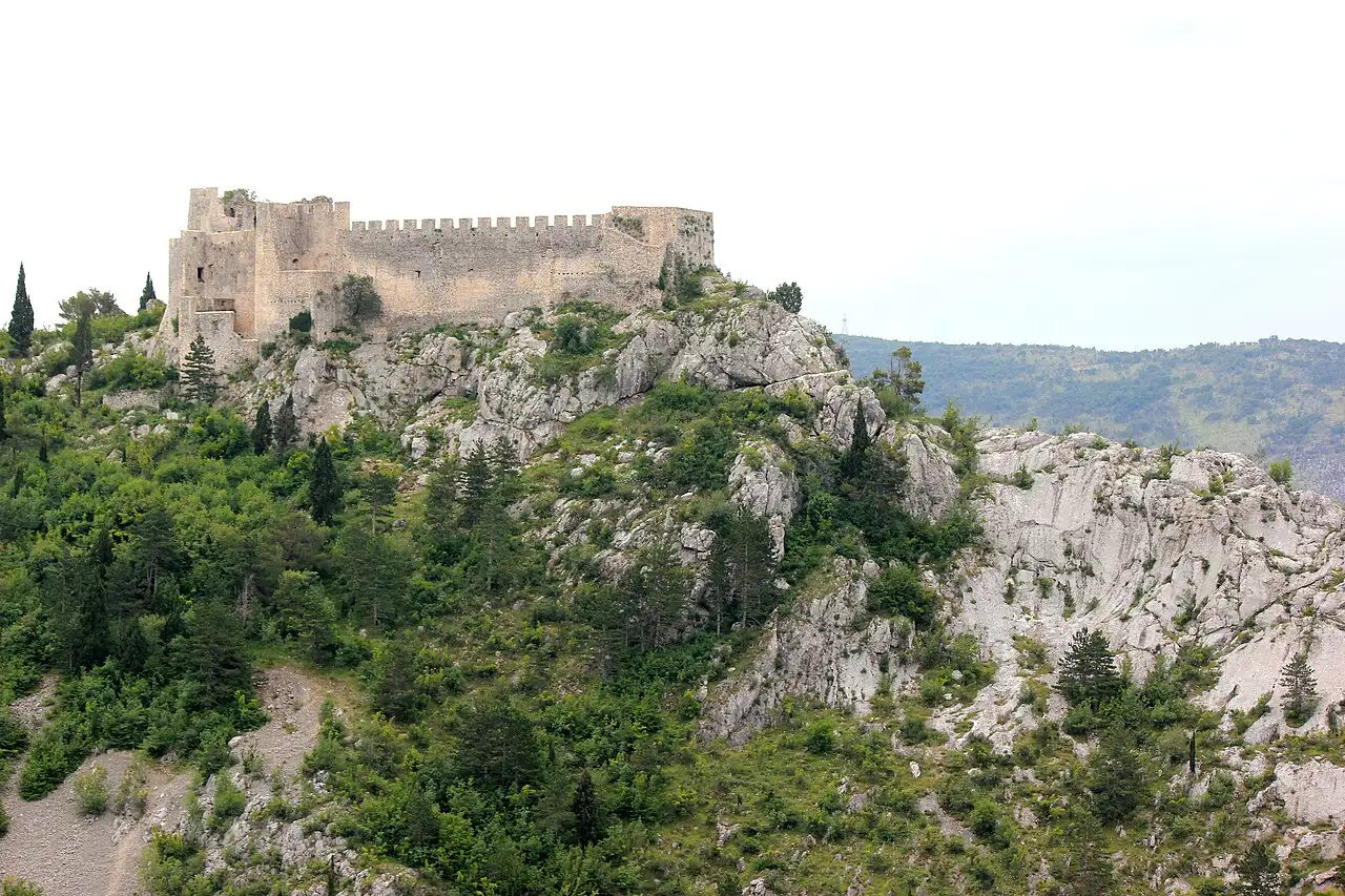 The stone ruins of Stjepan-grad fortress on the karst hill high above Blagaj and the Buna valley