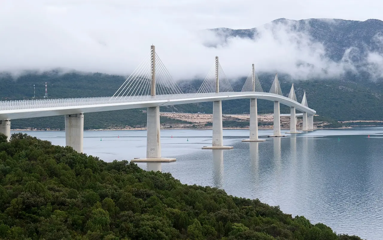 The long cable-stayed Peljesac Bridge in Croatia spanning the sea channel, which lets coast-road drivers bypass the Neum corridor