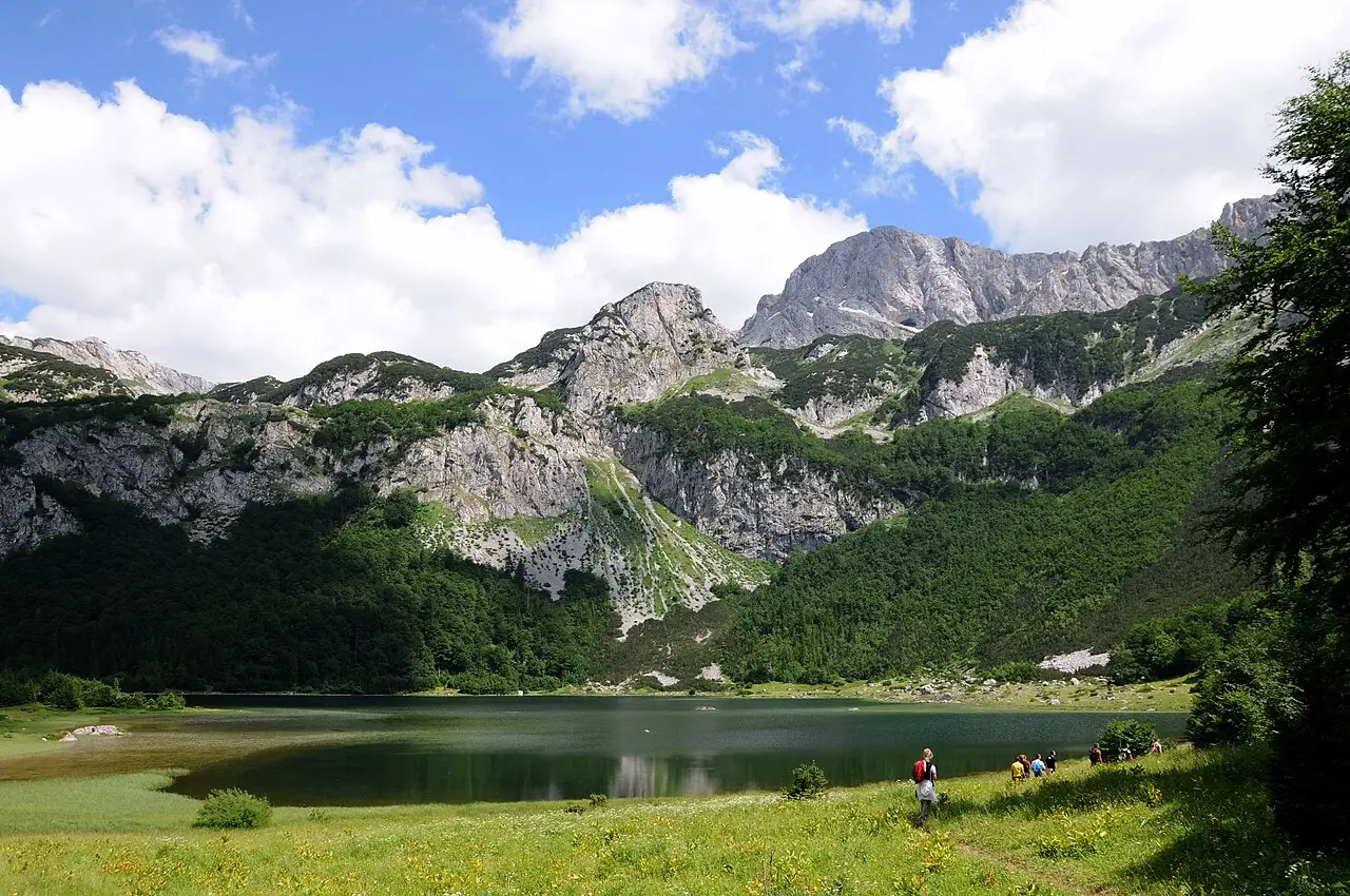 The heart-shaped Trnovačko lake below the peak of Maglić in Sutjeska National Park, Bosnia