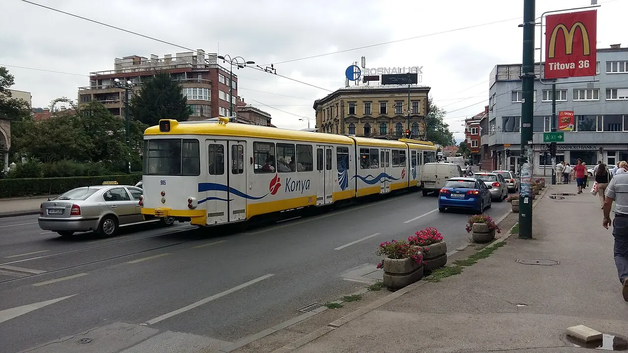 A tram on the street in Sarajevo, the cheap backbone of the city public transport