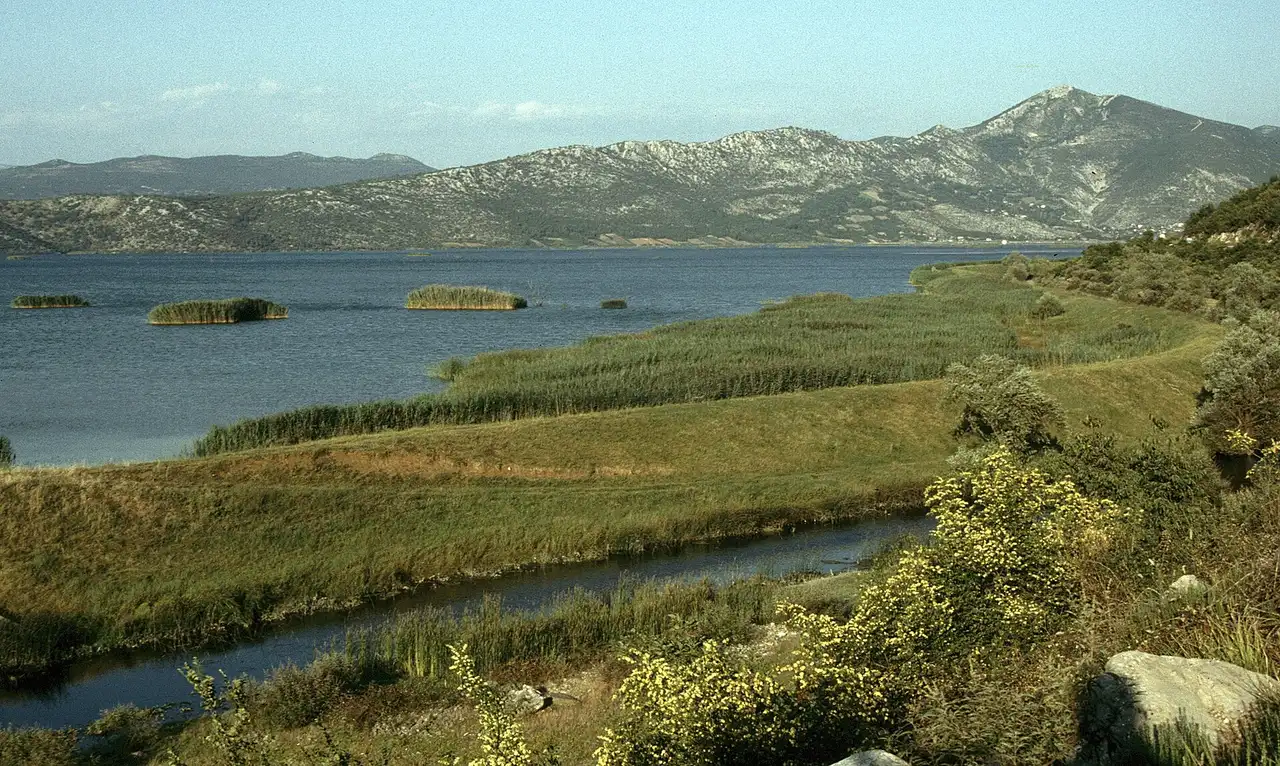Open water and reed islands at Hutovo Blato with grassy banks in front and a long bare karst ridge across the lake