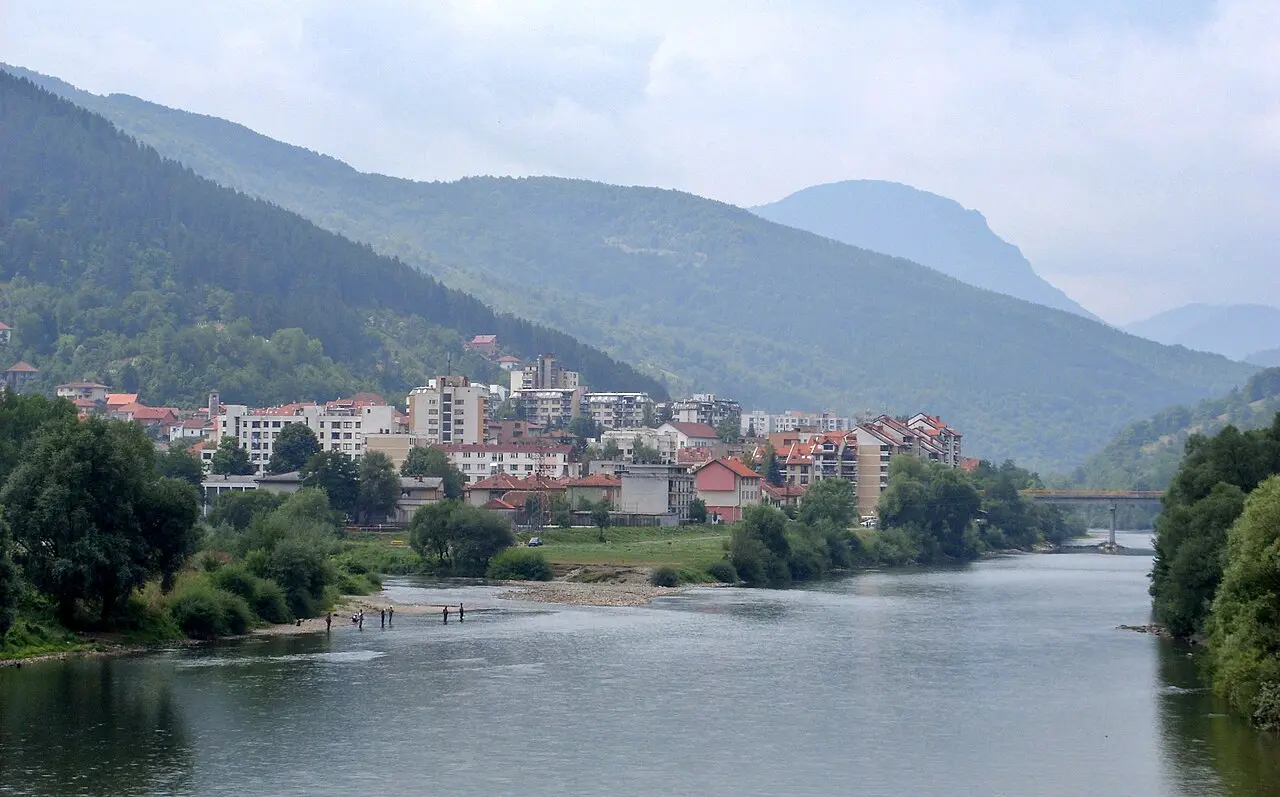 The town of Foča spread along its river valley in eastern Bosnia, seen from above