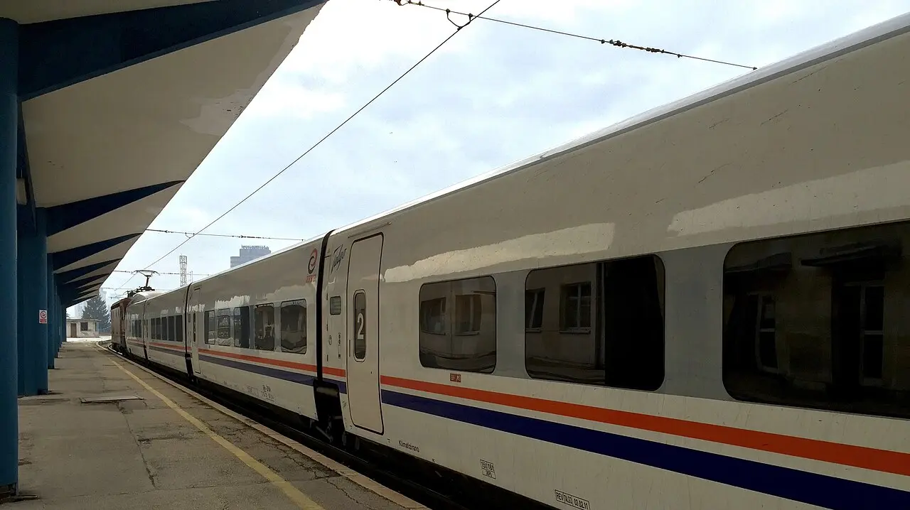 A ŽFBH Talgo train standing at Sarajevo main railway station under the platform canopy
