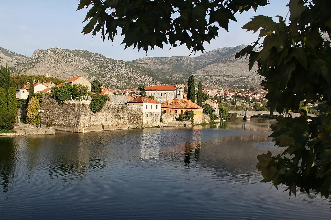 The old town of Trebinje with its stone walls and streets, hills of southern Herzegovina behind