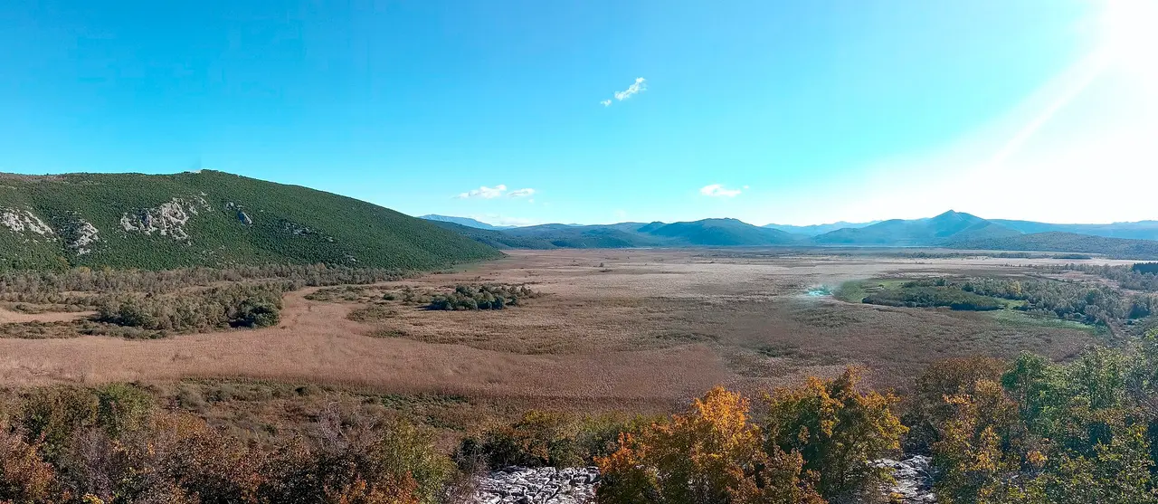 Wide autumn panorama of the Hutovo Blato reed plain from the Orlov kuk viewpoint, dry gold reeds stretching to distant hills