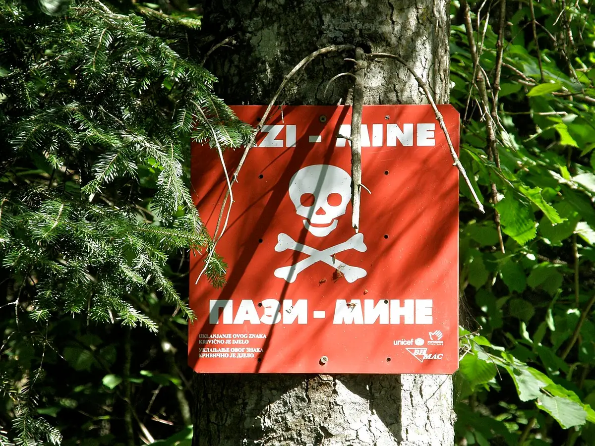 A red and white landmine warning sign reading PAZI MINE nailed to a post beside rough ground in Bosnia