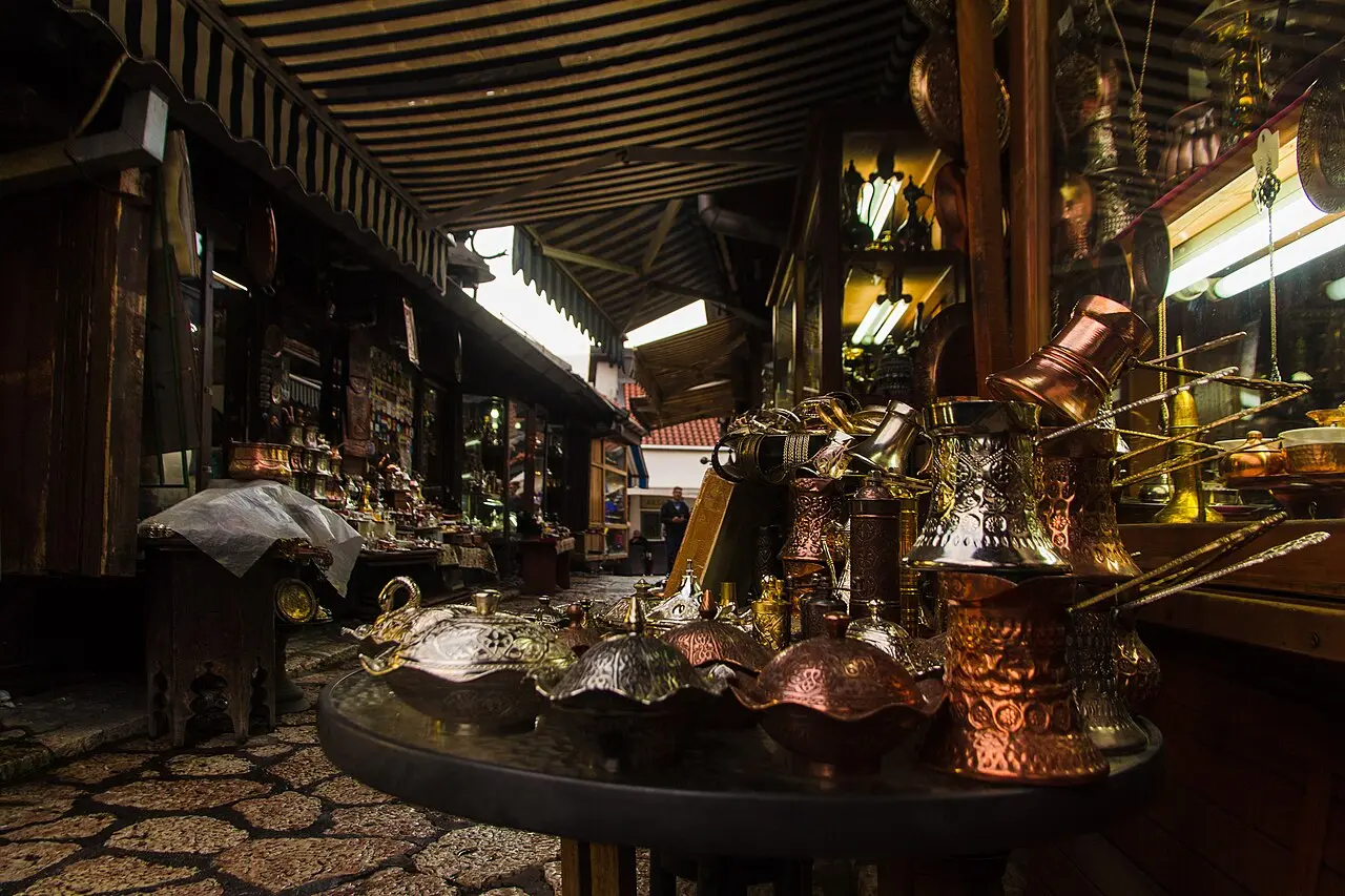 Souvenir and craft shops lining a lane in the Baščaršija bazaar of Sarajevo