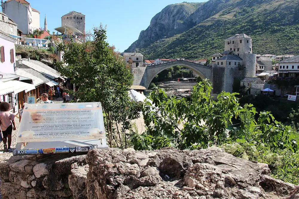 Copper and souvenir stalls along the Kujundžiluk bazaar lane in Mostar, aimed at tourists