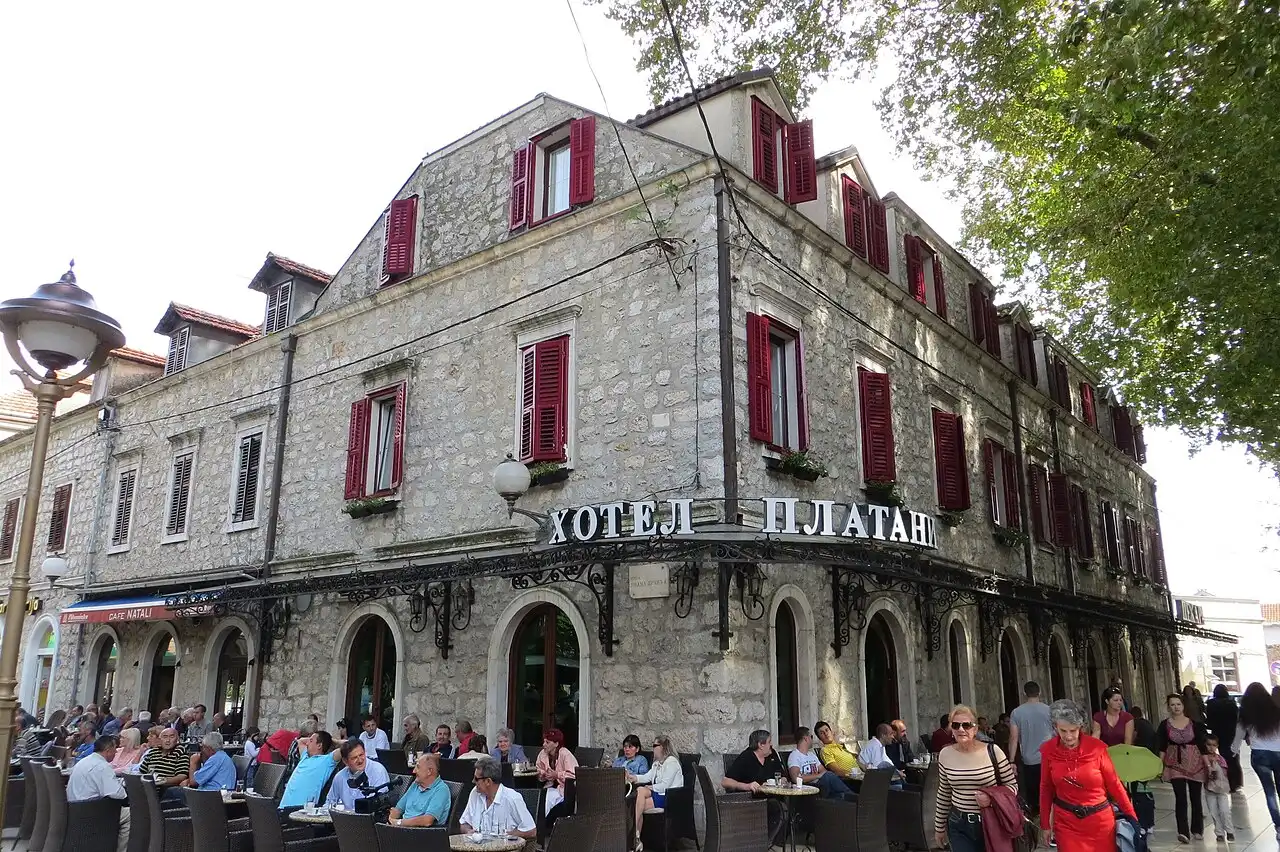 Hotel Platani facade on the plane-tree square in central Trebinje