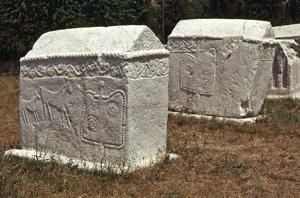 Carved side of a stecak at Radimlja showing a shield with rosettes and a sword, animals to the left and a vine border along the top edge