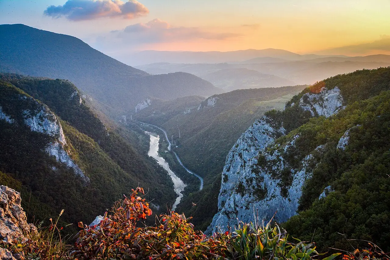 The Vrbas river running green through the narrow, cliff-walled Tijesno canyon near Banja Luka