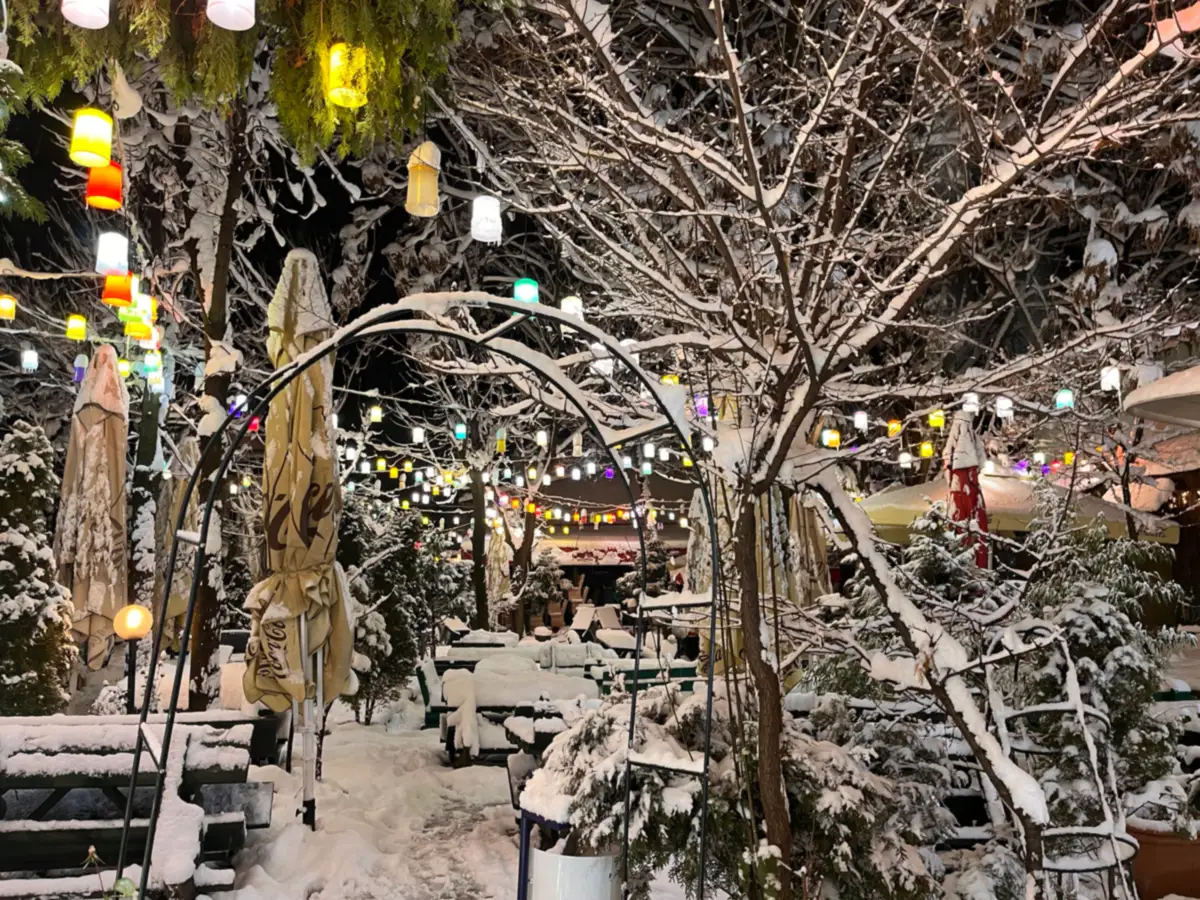 A Sarajevo café garden at night after fresh snow, coloured lanterns strung through the snow-laden trees, a metal arch, folded umbrellas and benches under snow