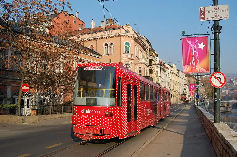 A GRAS tram on line 3, the full Baščaršija to Ilidža run across the city