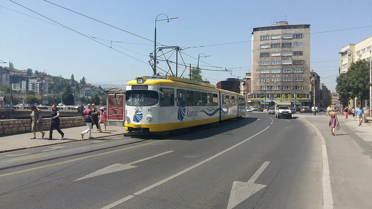 Sarajevo tram 912 stopped near Skenderija on the east-west tram corridor