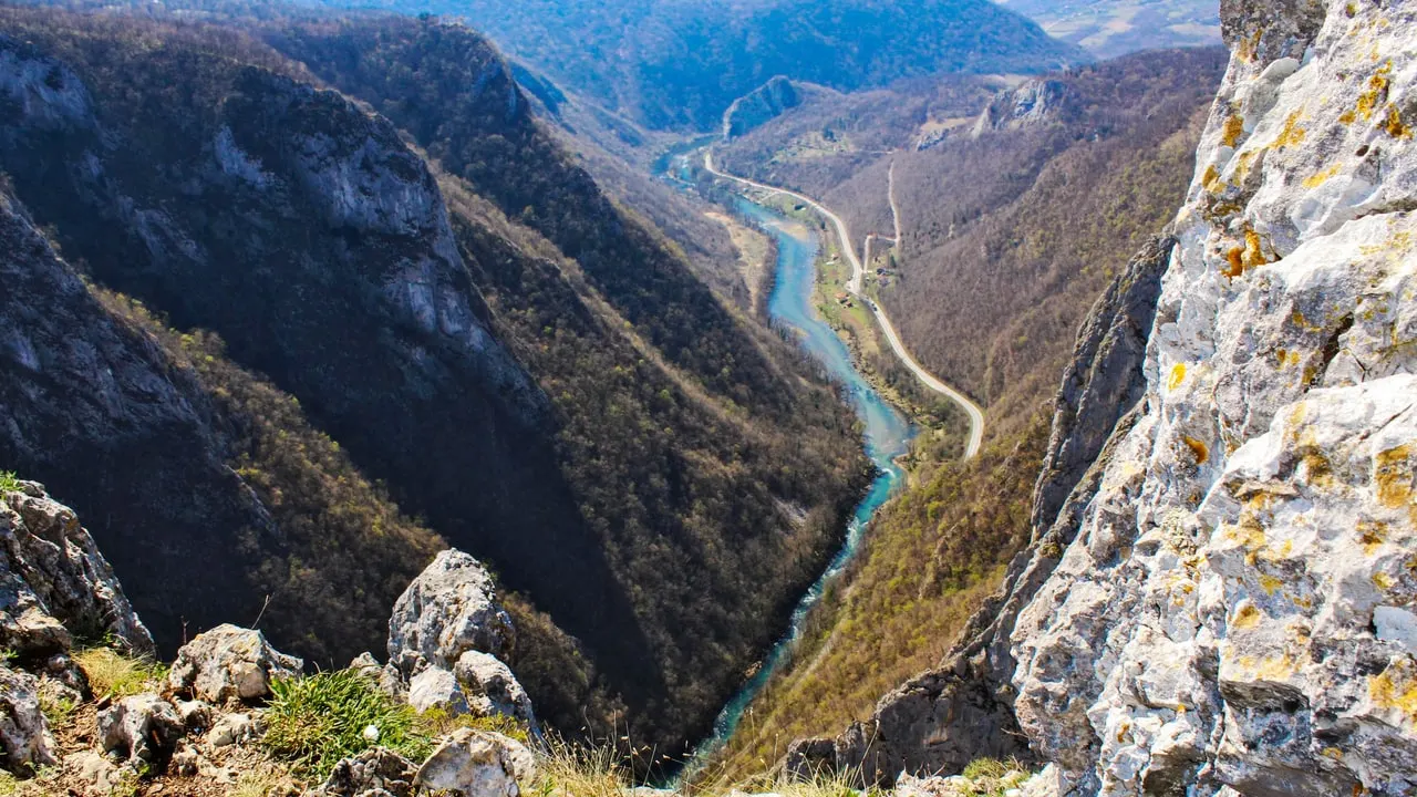 The green Vrbas river cutting through the limestone Tijesno canyon gorge south of Banja Luka