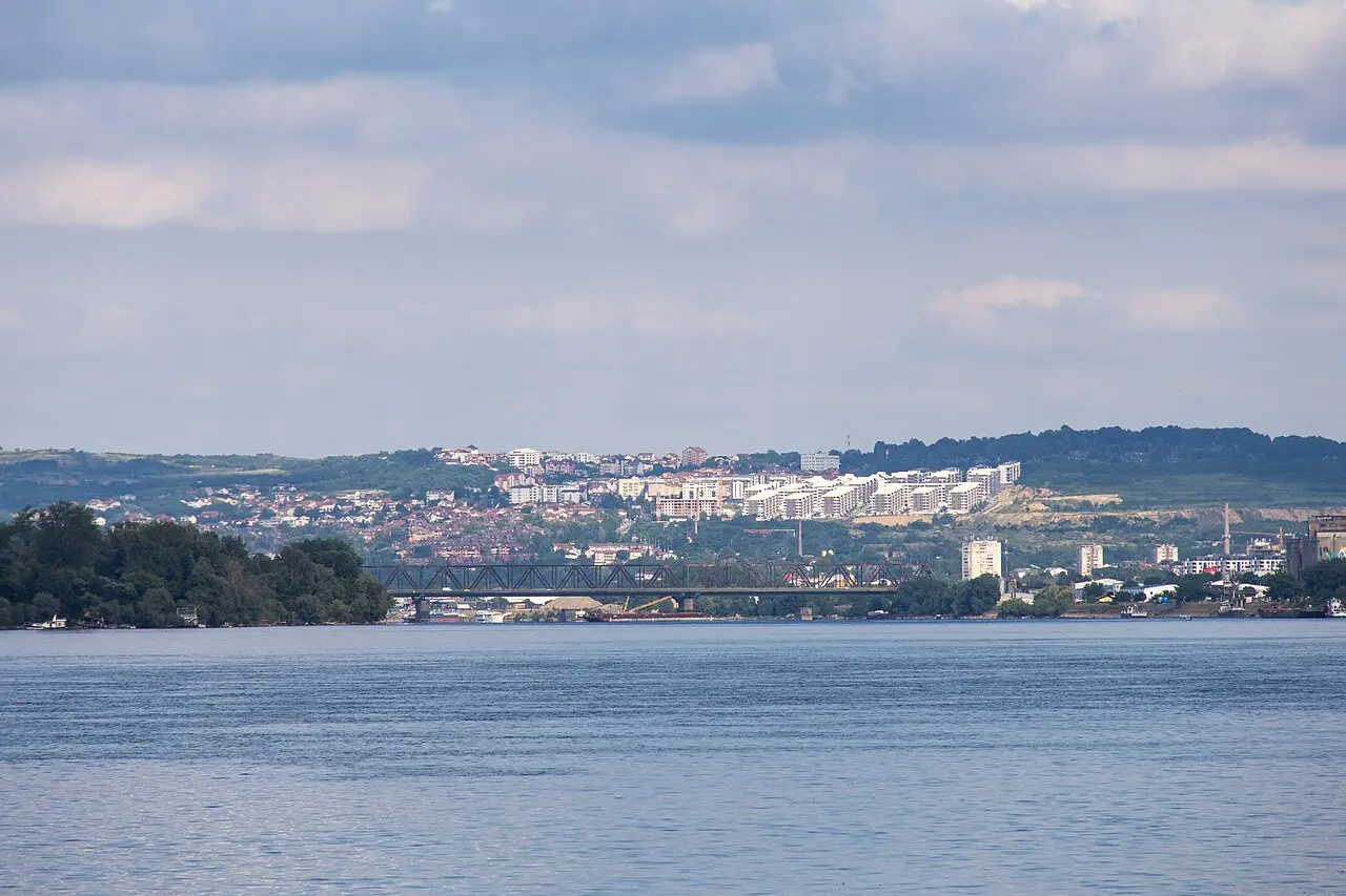 Belgrade seen across the Danube from Zemun, the city skyline along the far bank