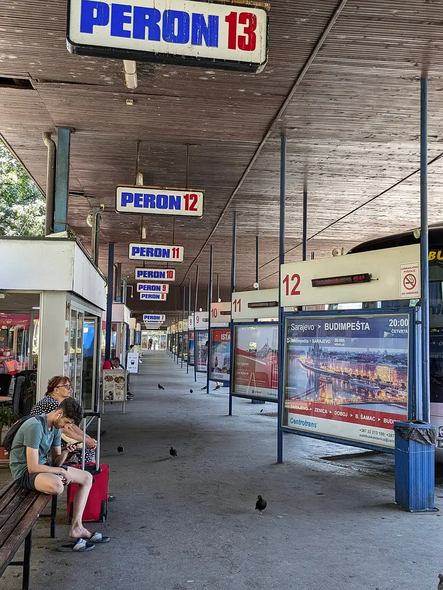The bus station in Sarajevo where coaches depart, platforms and the station building