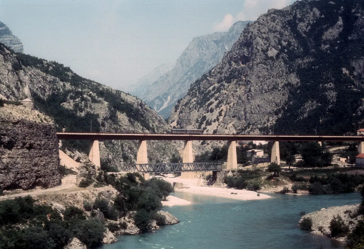 Bridges crossing the deep Neretva river gorge between Sarajevo and Mostar, steep forested walls on both sides