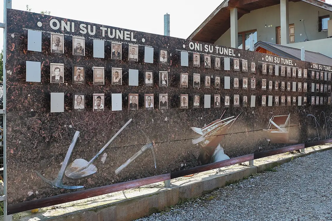 The Oni su tunel memorial wall of portrait photographs honouring the people who dug the Sarajevo tunnel