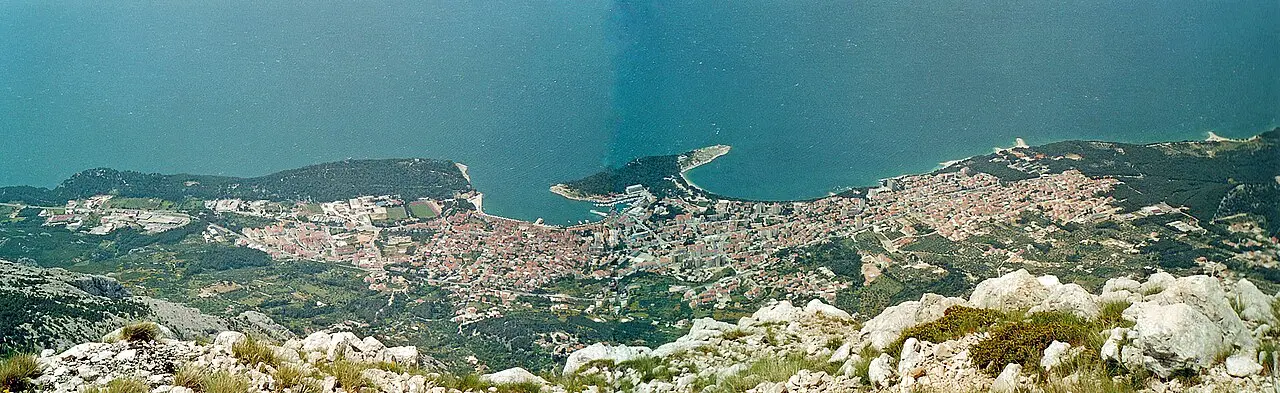 The Makarska riviera seen from the Biokovo massif, the coastal towns the road passes on the way from Split towards Bosnia
