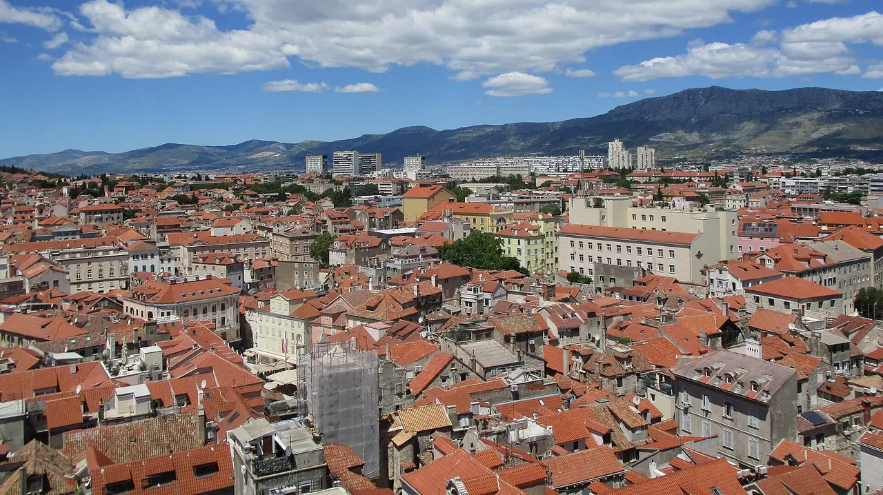 The city of Split on its Dalmatian peninsula seen from above, harbour and old town by the Adriatic, the starting point of the route to Sarajevo