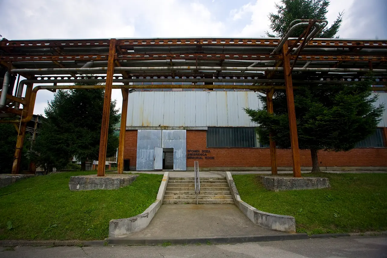 The entrance to the Memorial Room in the former battery factory at Potočari, which served as the UN base in 1995