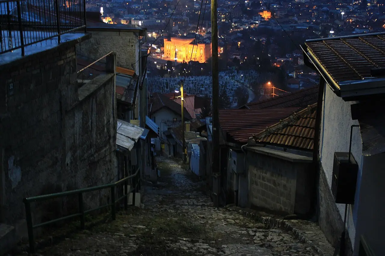 Sarajevo City Hall seen across rooftops and the river from the Alifakovac hillside