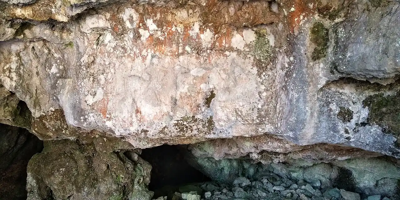 The weathered limestone rock face directly above the mouth of Vjetrenica cave, its surface streaked with orange and grey