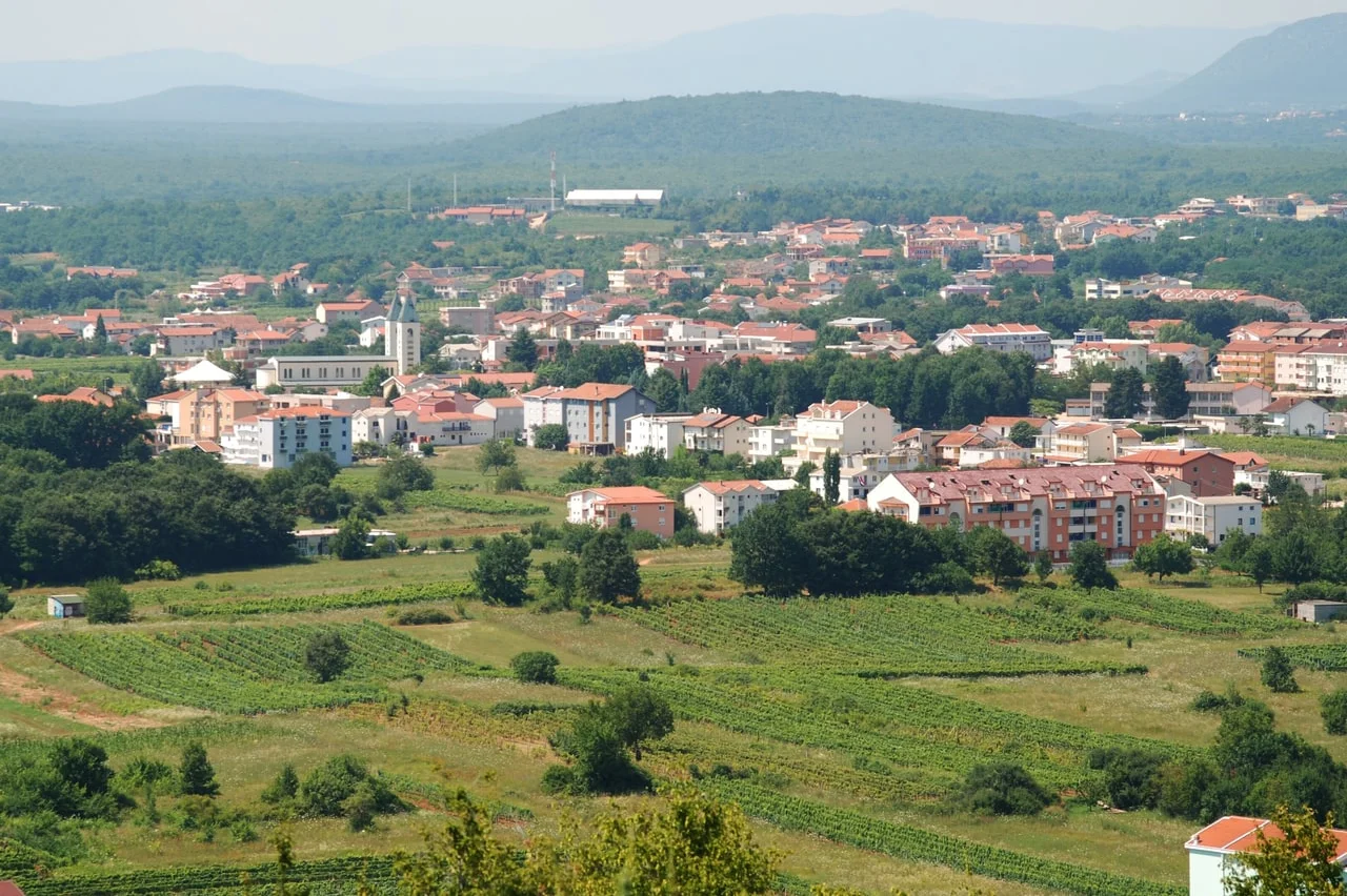 Medjugorje seen from the hillside above the village: the bell tower of St James Church among rows of pensions and hotels, with vineyards in the foreground