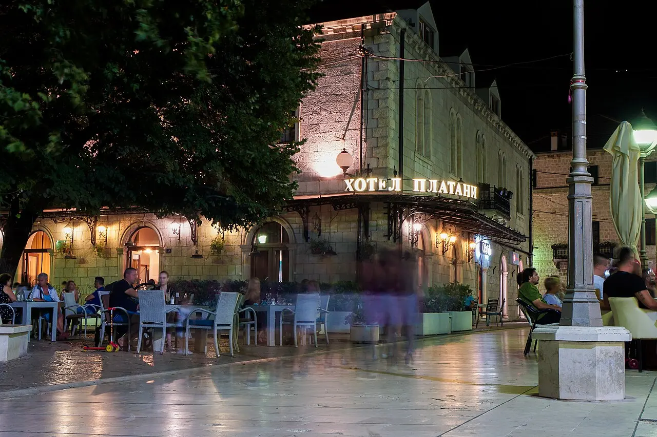 Hotel Platani facade beside the plane trees on Trebinje main square