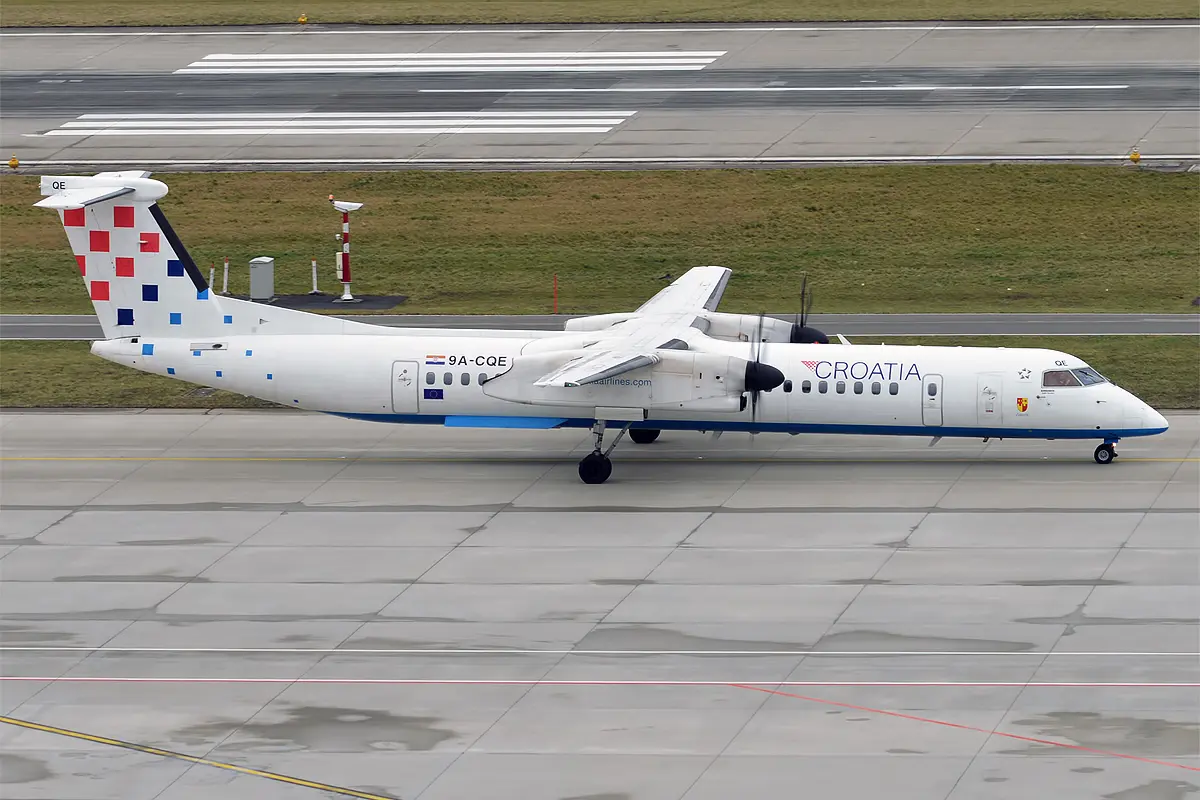 A Croatia Airlines Bombardier Dash 8 Q400 turboprop, the aircraft type on the short Zagreb to Sarajevo flight