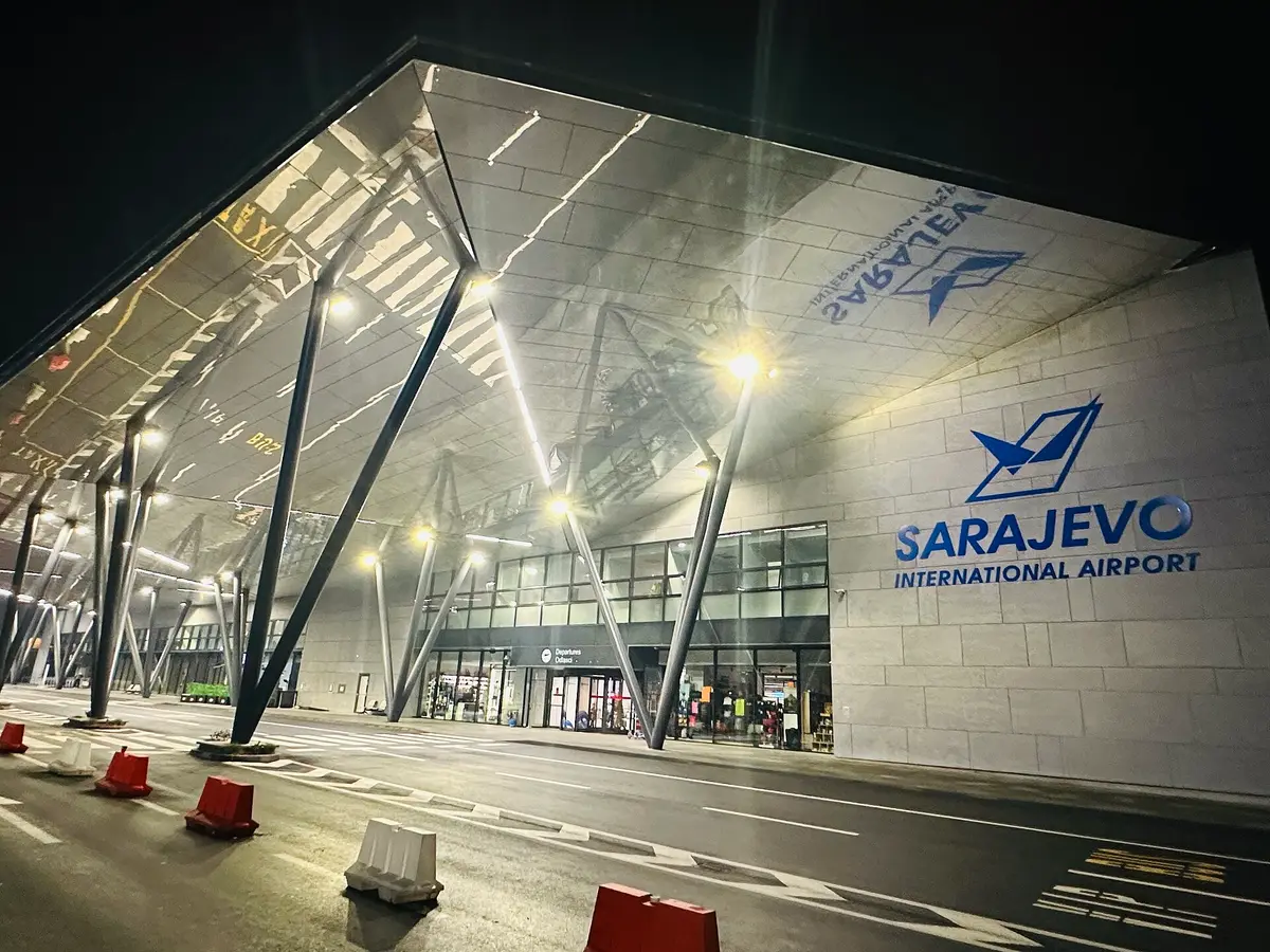The terminal building at Sarajevo International Airport in 2024, where the Zagreb flight lands about 12 km from the old town