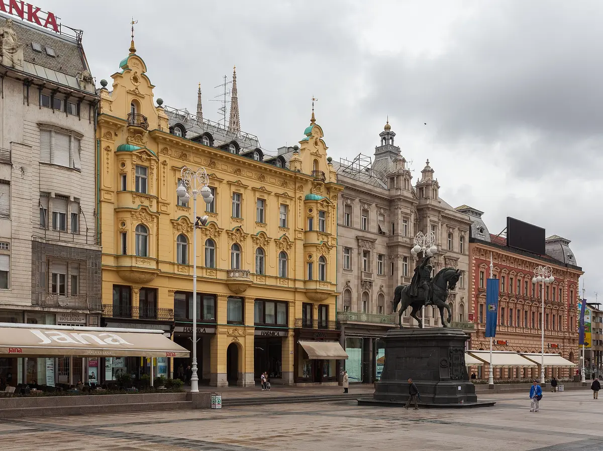 Ban Jelačić Square in central Zagreb with the equestrian statue and trams, the starting point of the journey south to Sarajevo